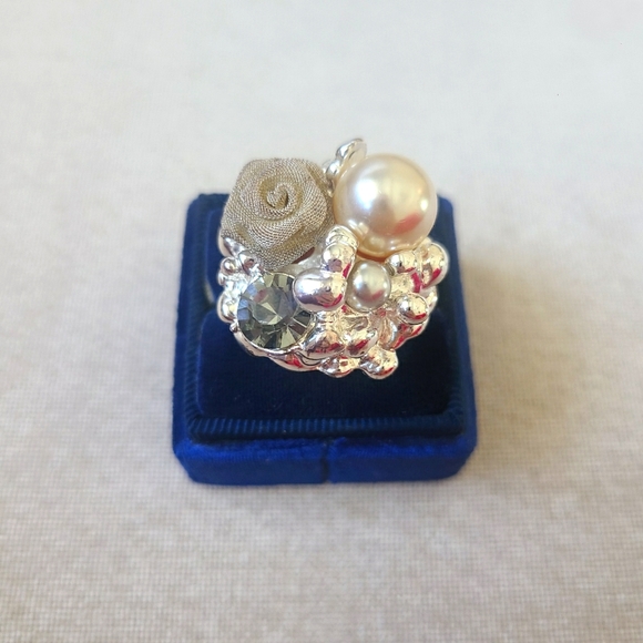 Silver Rose and Pearl Statement Fashion Ring - Picture 1 of 5